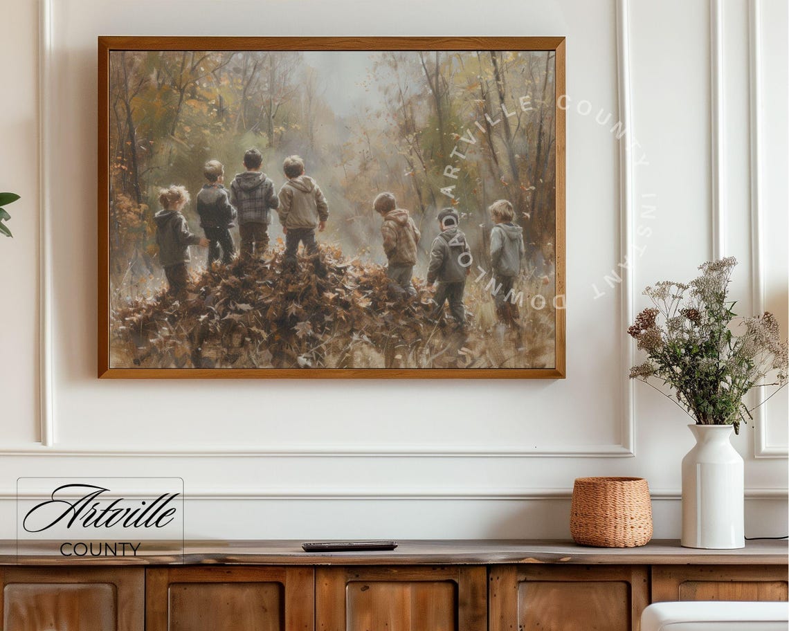 Children Playing in Autumn Leaves Nostalgic Fall Painting Poster - Image 5