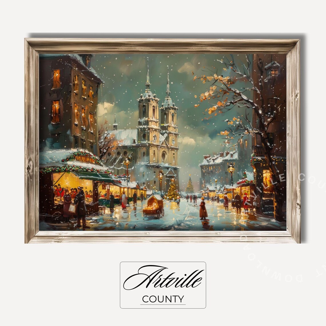 European Christmas Market Snowy Cathedral Square Night Poster