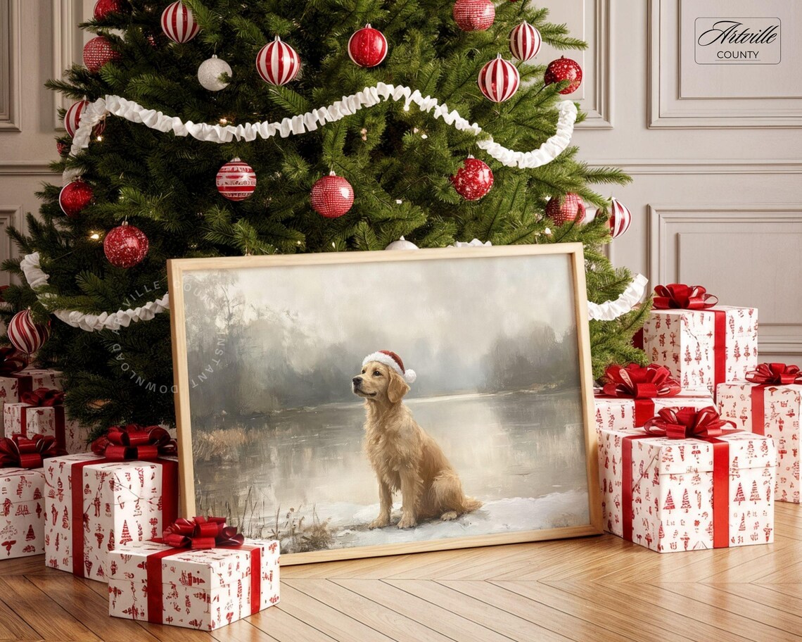 Dog In Santa Hat Art Print, Christmas Nursery Decor