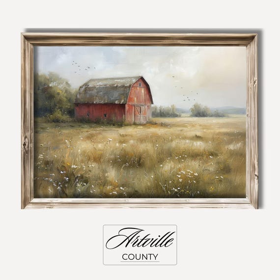 Countryside Barn Painting Vintage Cottagecore Print Farmhouse Wall Art Countryside Oil Painting Neutral Cottagecore Art Print