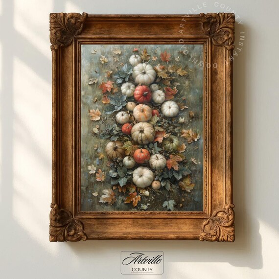 Vintage Fall Pumpkins Print Autumn Harvest Painting Rustic Wall Art Antique Foliage Decor