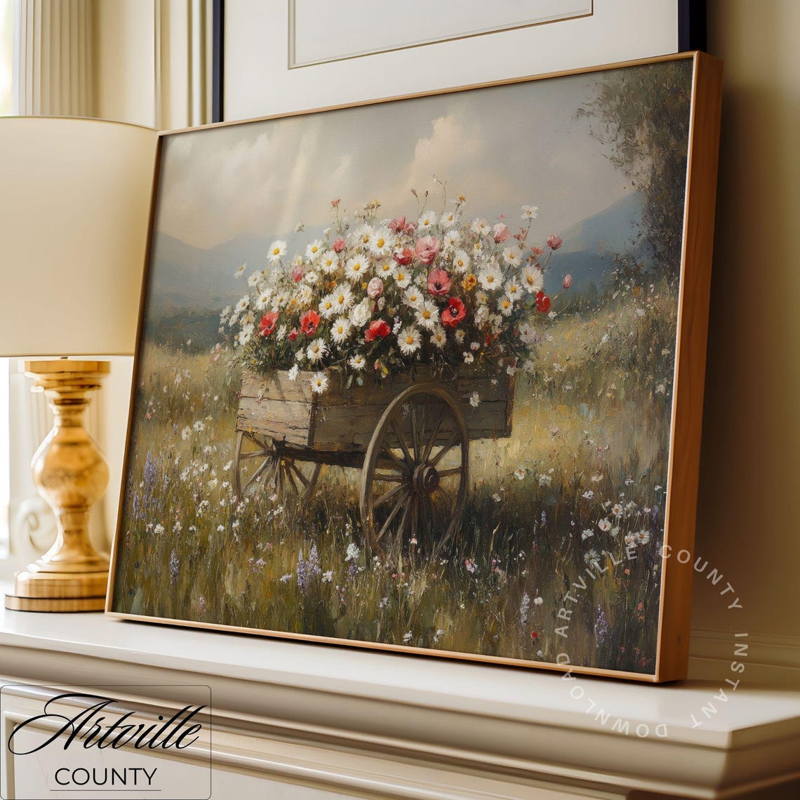 Wildflower Wagon Meadow Vintage Daisy Flower Cart Painting Poster - Image 2