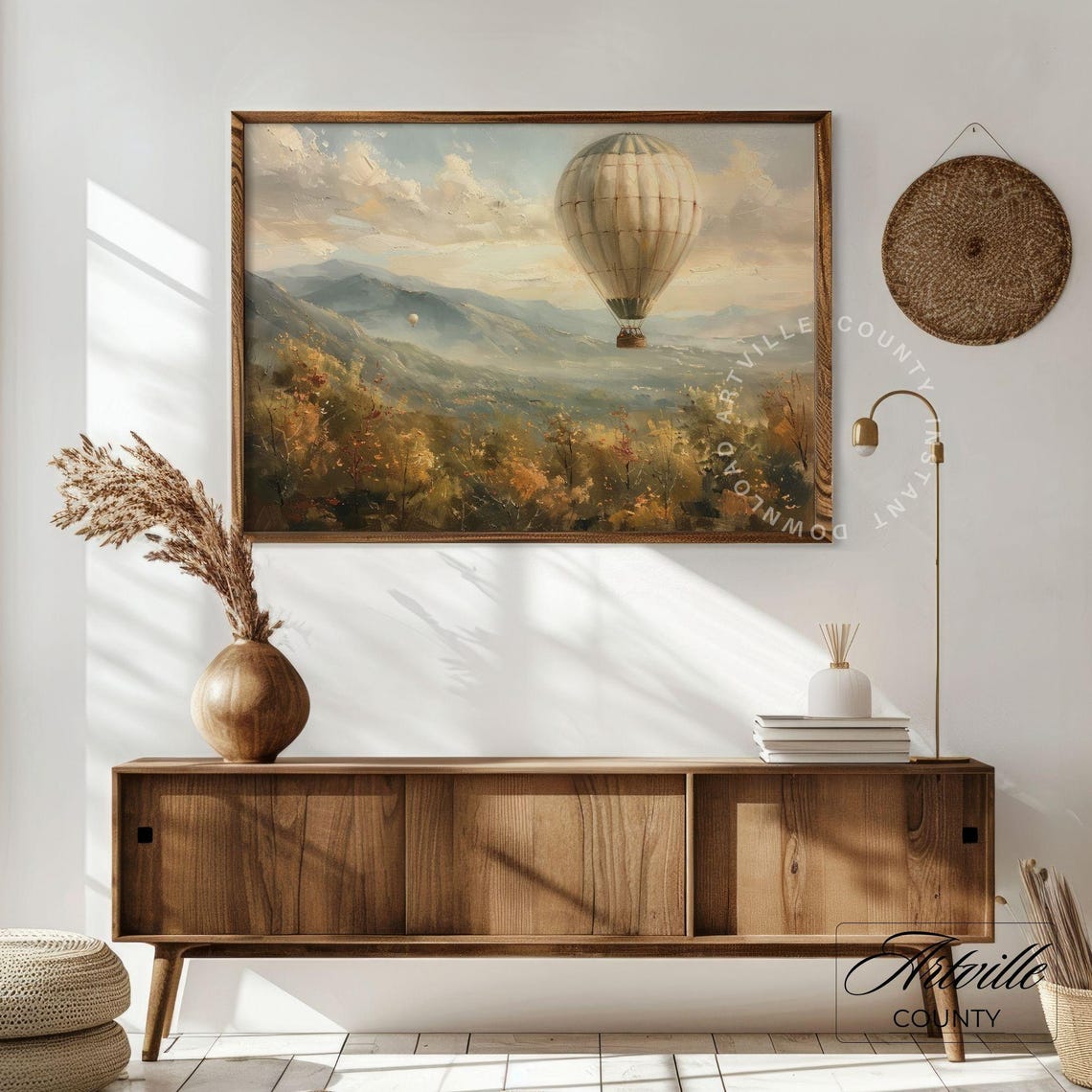 White Hot Air Balloon Drifting Over A Mountain Valley Scene Poster - Image 3
