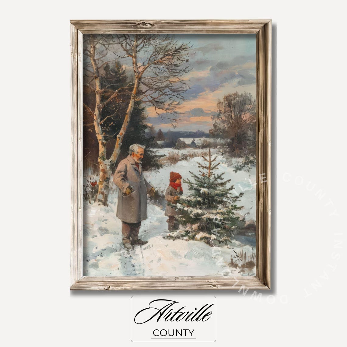 Grandfather and Child Choosing Christmas Tree Snowy Field Poster
