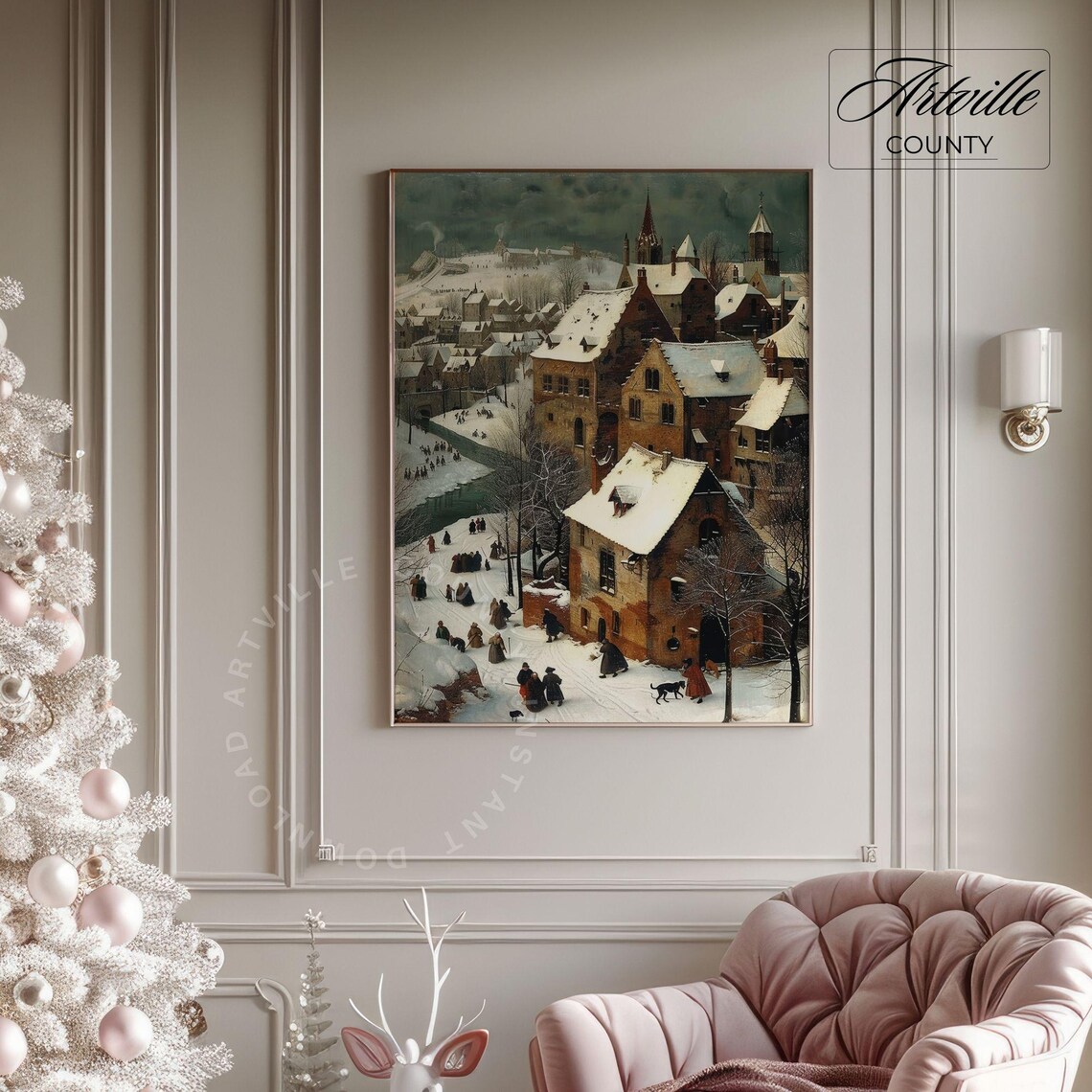 Snowy Medieval Village Street Scene Vintage Winter Wall Poster - Image 3