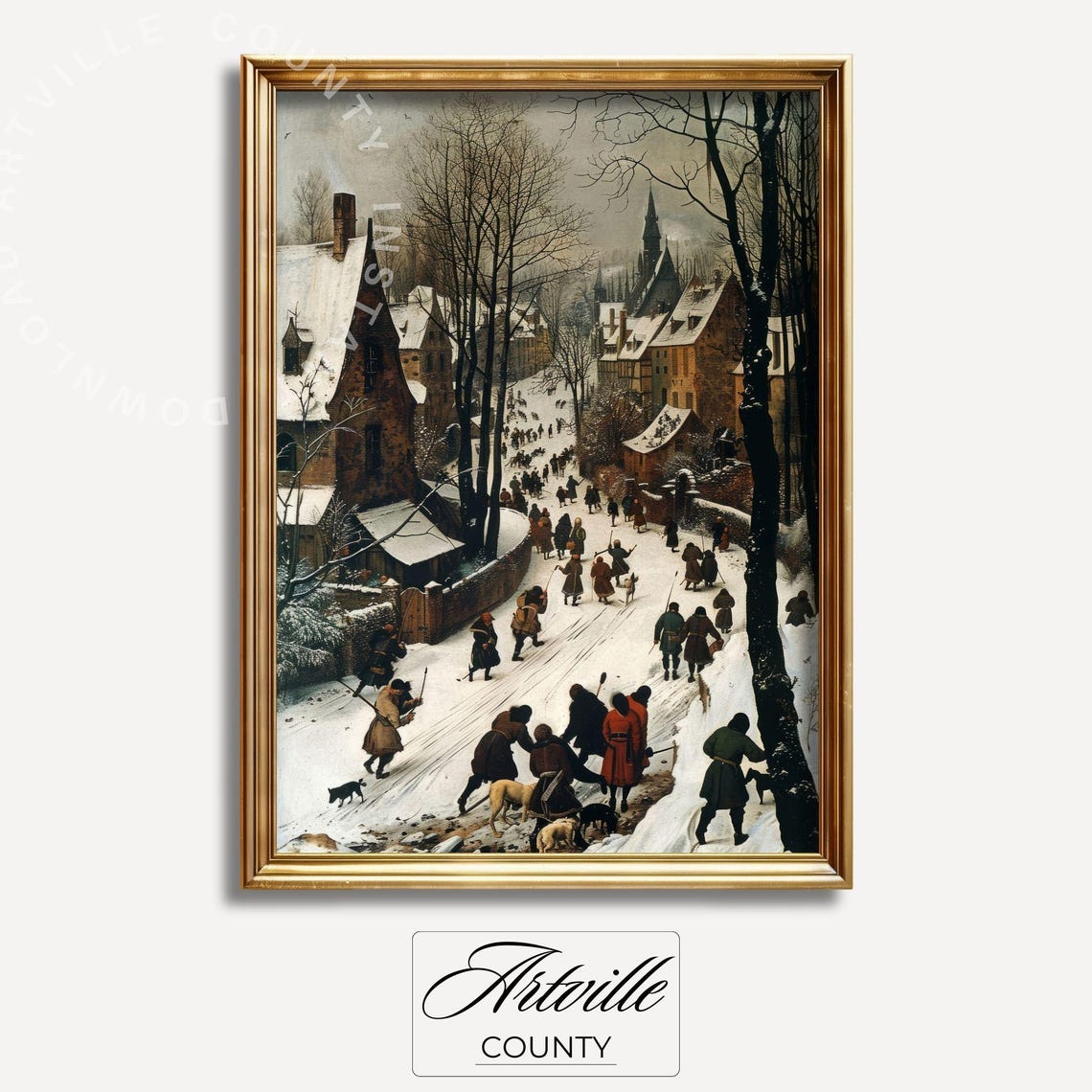 Vintage Winter Village Snowy Landscape Print With People And Dogs Traditional European Street Historical Wall Art - Image 3
