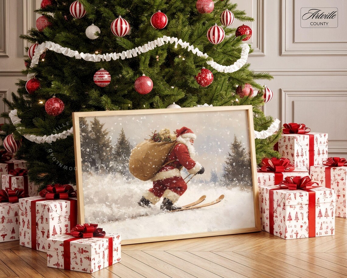 Skiing Santa Christmas Painting, Vintage Art Print