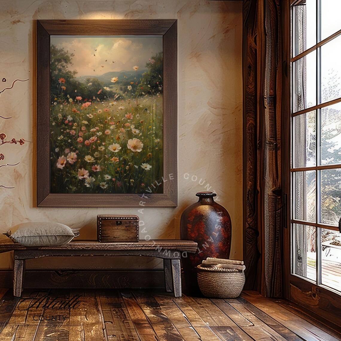 Wildflower Meadow Landscape, Vintage Cottage Art Print - Image 3