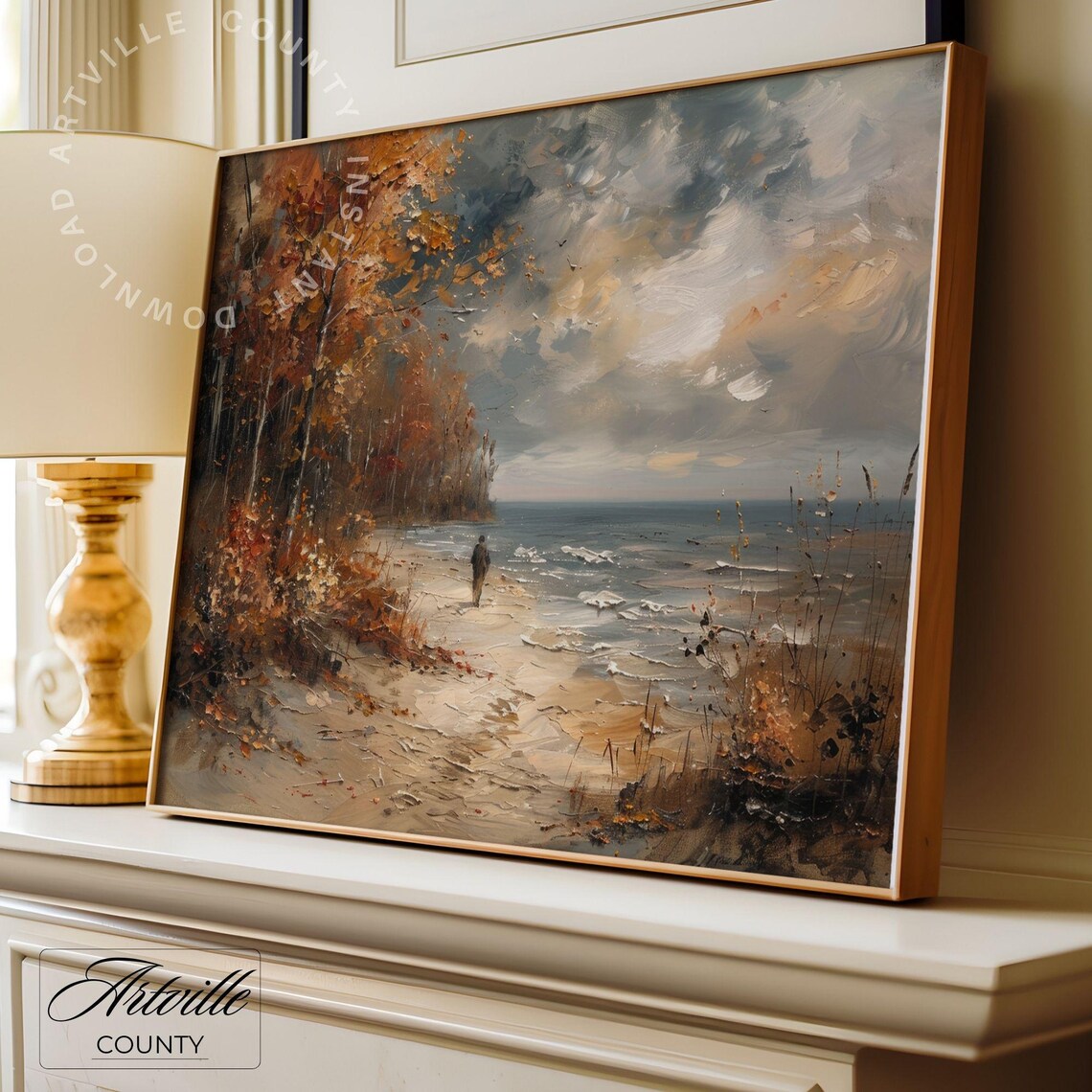 Fall Coastal Landscape Painting Autumn Trees Print Rustic Fall Decor Fall Sea Artwork Moody Coastal Wall Art - Image 3