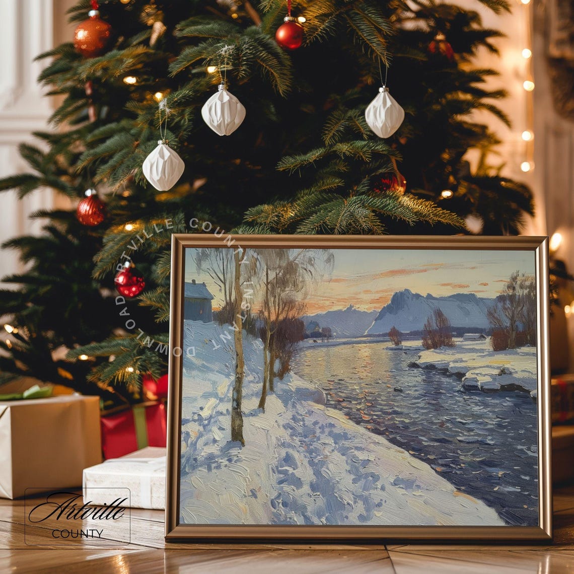 Snowy River At Sunset With Snowy Mountains Winter Scene Poster - Image 2