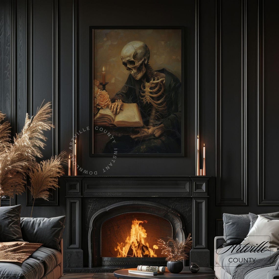 Skeleton Scholar Reading Candlelight Dark Academia Gothic Poster - Image 3
