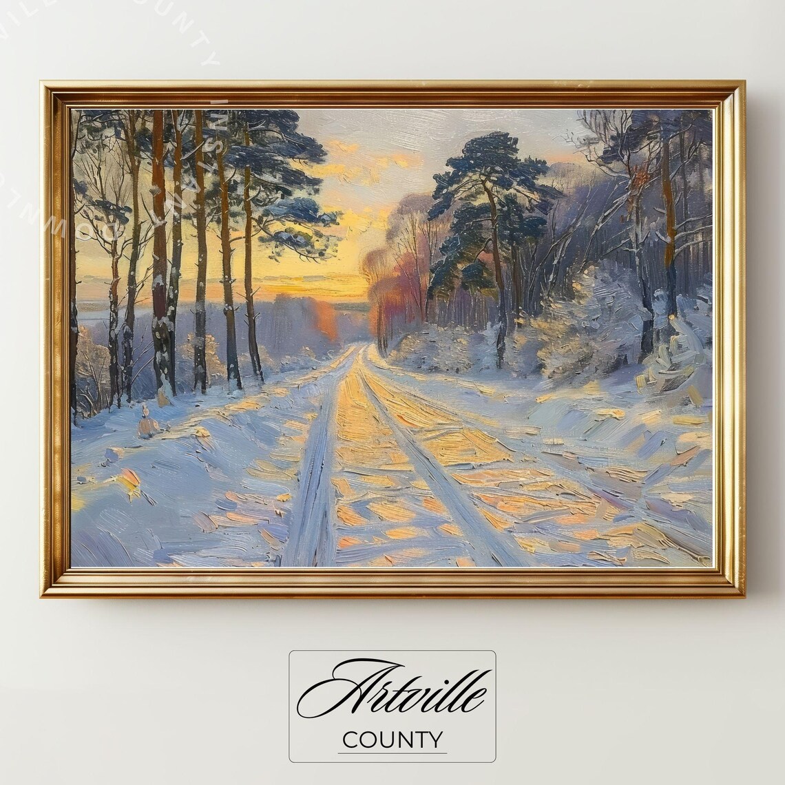 Snowy Forest Road Sunrise Pine Trees Impressionist Oil Painting Poster - Image 2