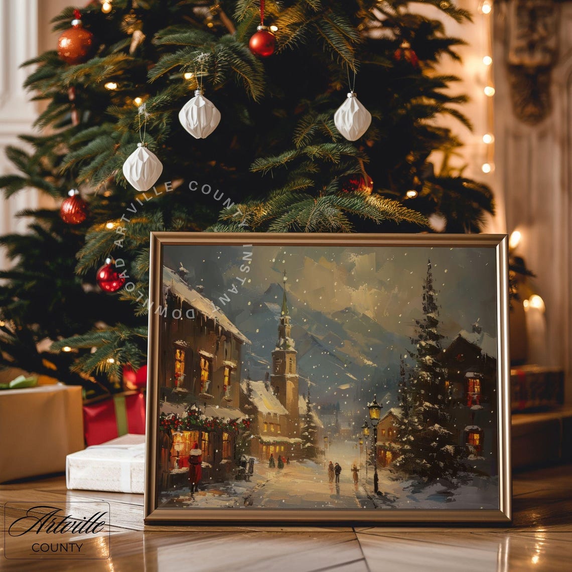 Snowy European Village Christmas Night Glowing Street Poster - Image 5