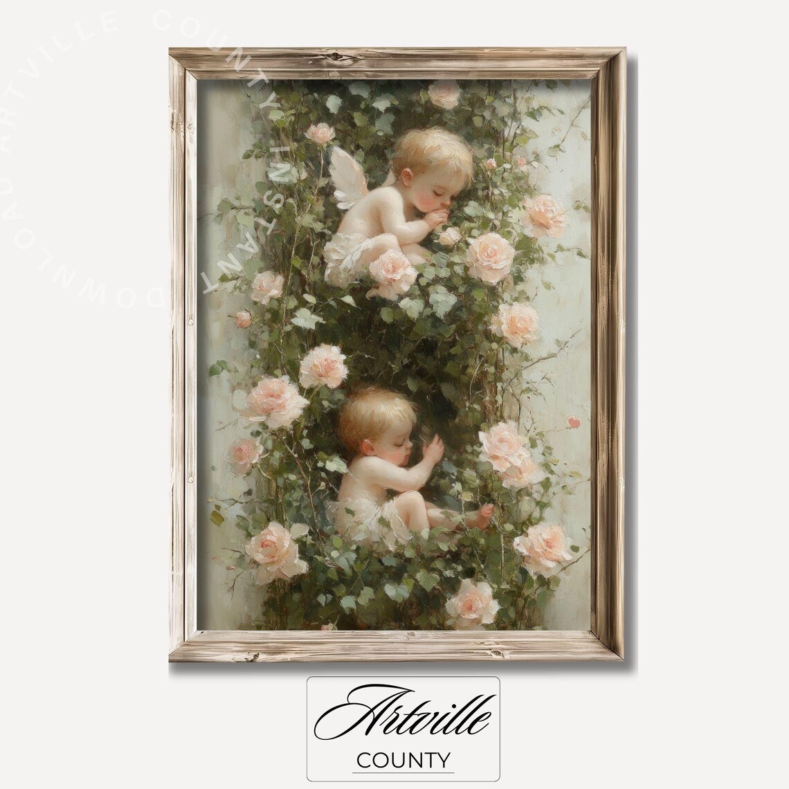 Sleeping Baby Angels Roses Vintage Nursery Floral Painting Poster