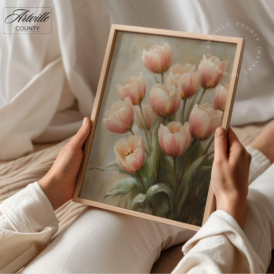 Vintage Tulip Bouquet Botanical Art Print, Farmhouse