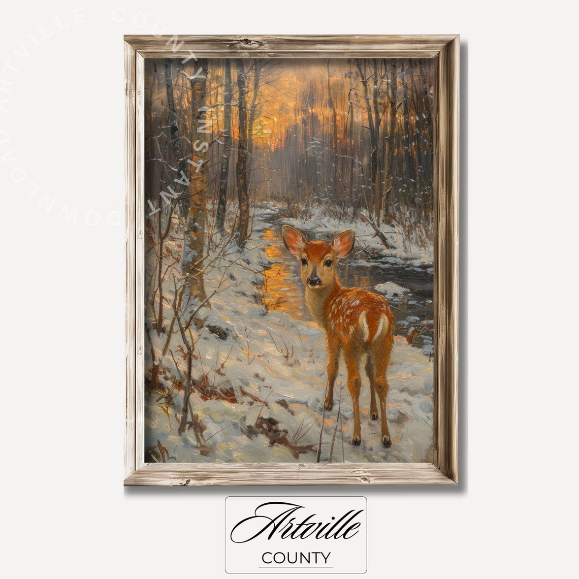 Deer Fawn Standing In Snowy Forest At Sunset Wildlife Wall Poster - Image 2