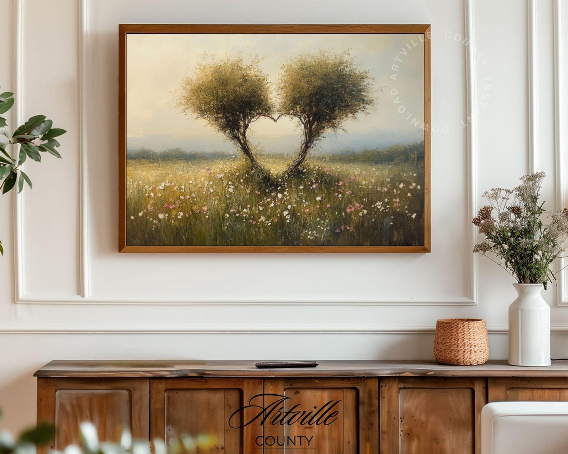 Heart Trees Meadow Wildflowers Vintage Romantic Landscape Poster - Image 4