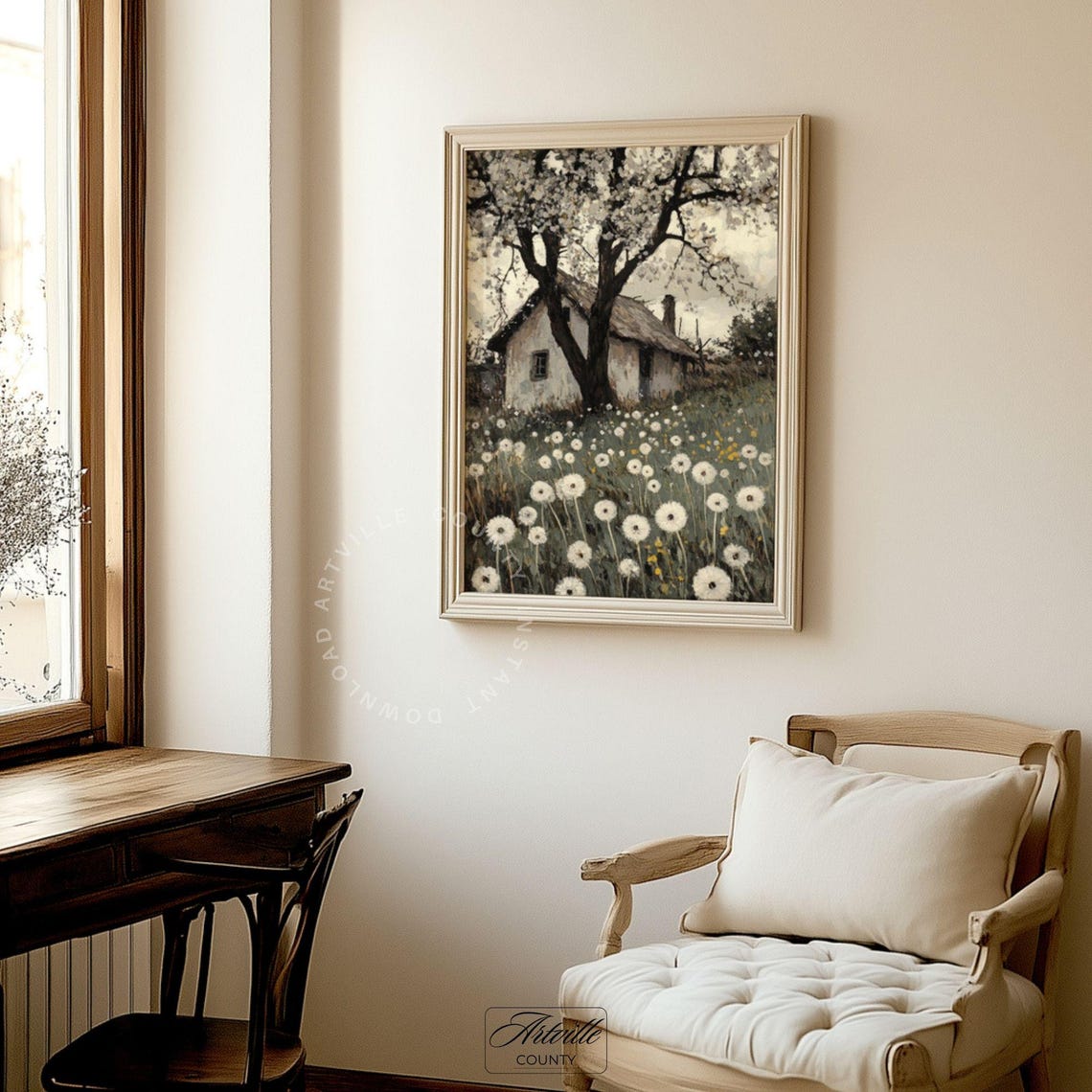 Moody Dandelion Meadow with Cottage Vintage Country Painting Poster