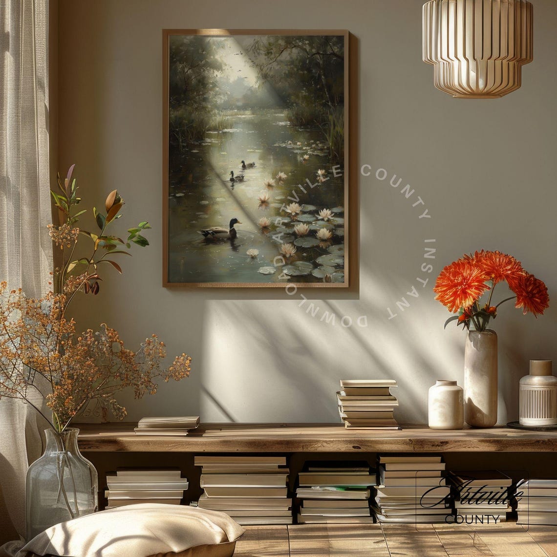Ducks In Pond Painting Farmhouse Wall Art Vintage Landscape Oil Painting Calming Countryside Lake Print Art - Image 4