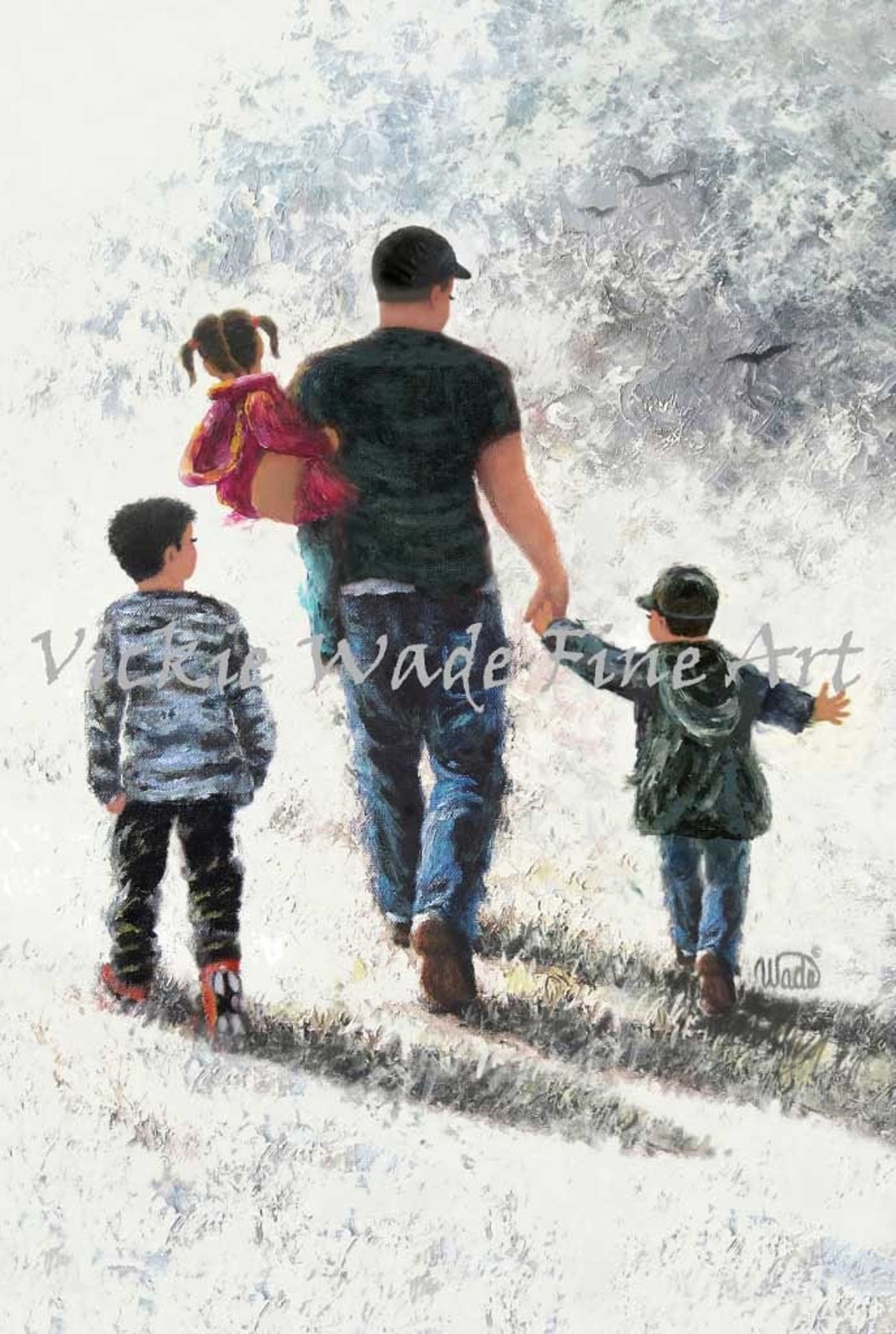 Father Walking With Two Sons And Daughter In The Winter Snow Poster