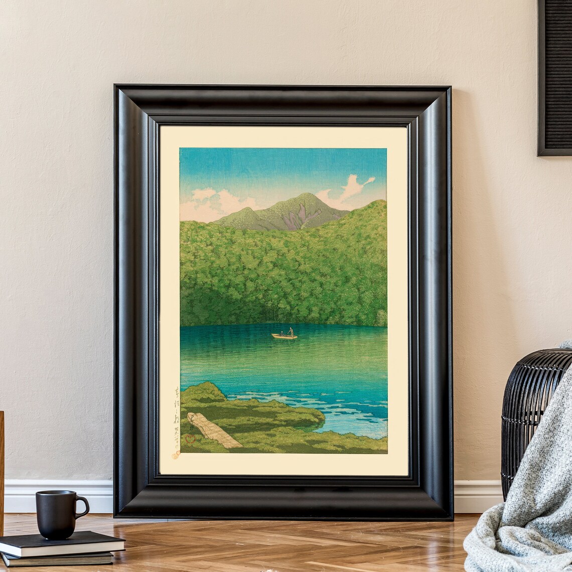 Japanese Green Mountain Lake Boat Woodblock Style Calm Poster - Image 2