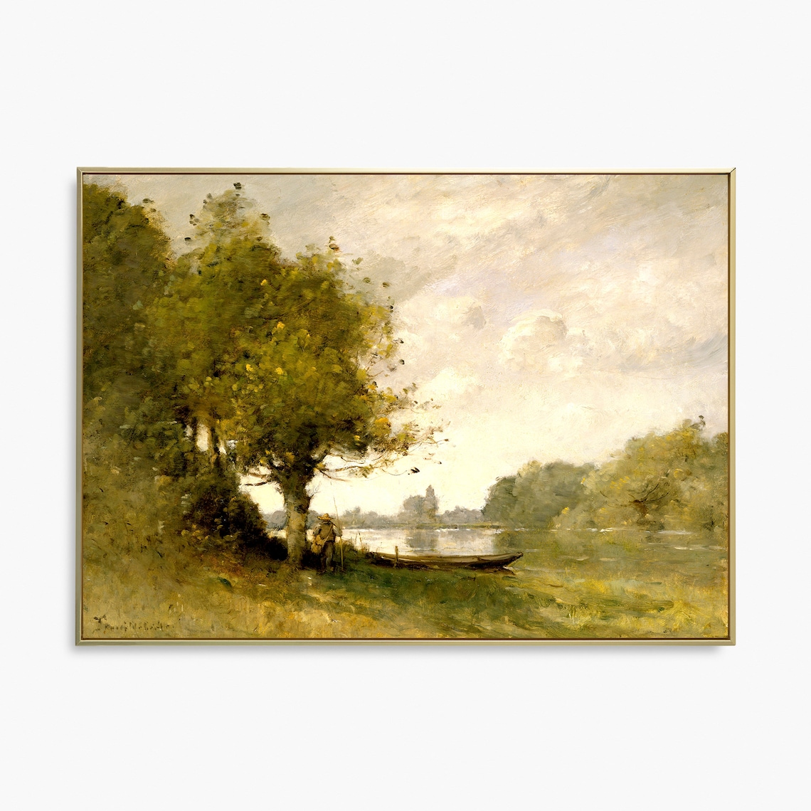 Vintage Oil Painting Lakeside Fisherman Big Tree Rowboat Art Poster