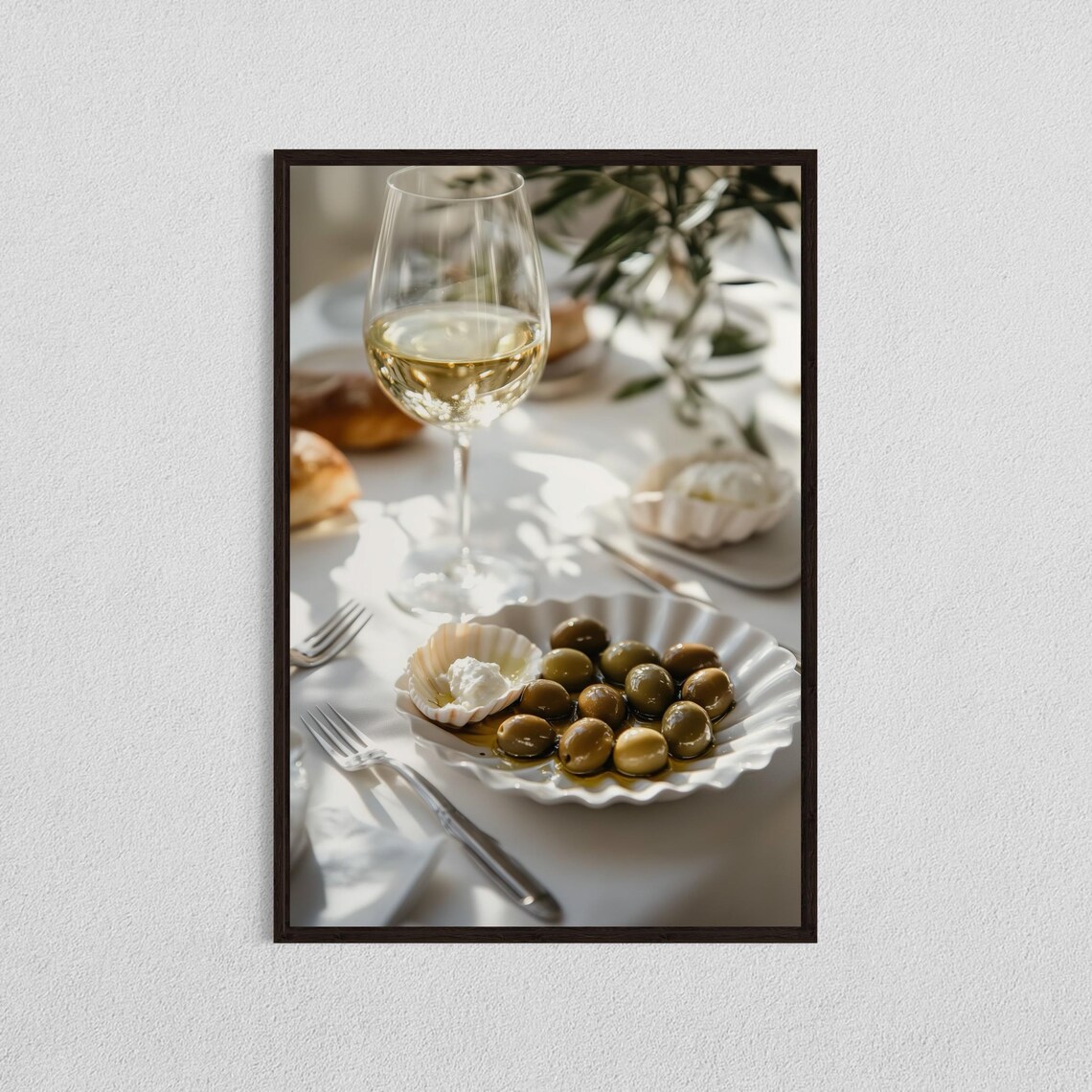 Mediterranean White Wine and Olives Rustic Table Food Photography Wall Art