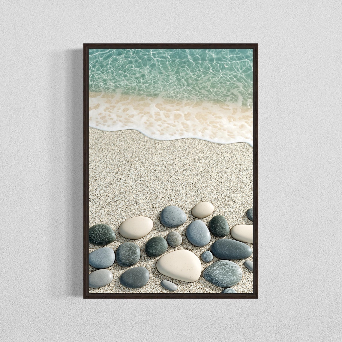 Beach Pebbles Scattered on Sand with Ocean Waves Photo Wall Poster