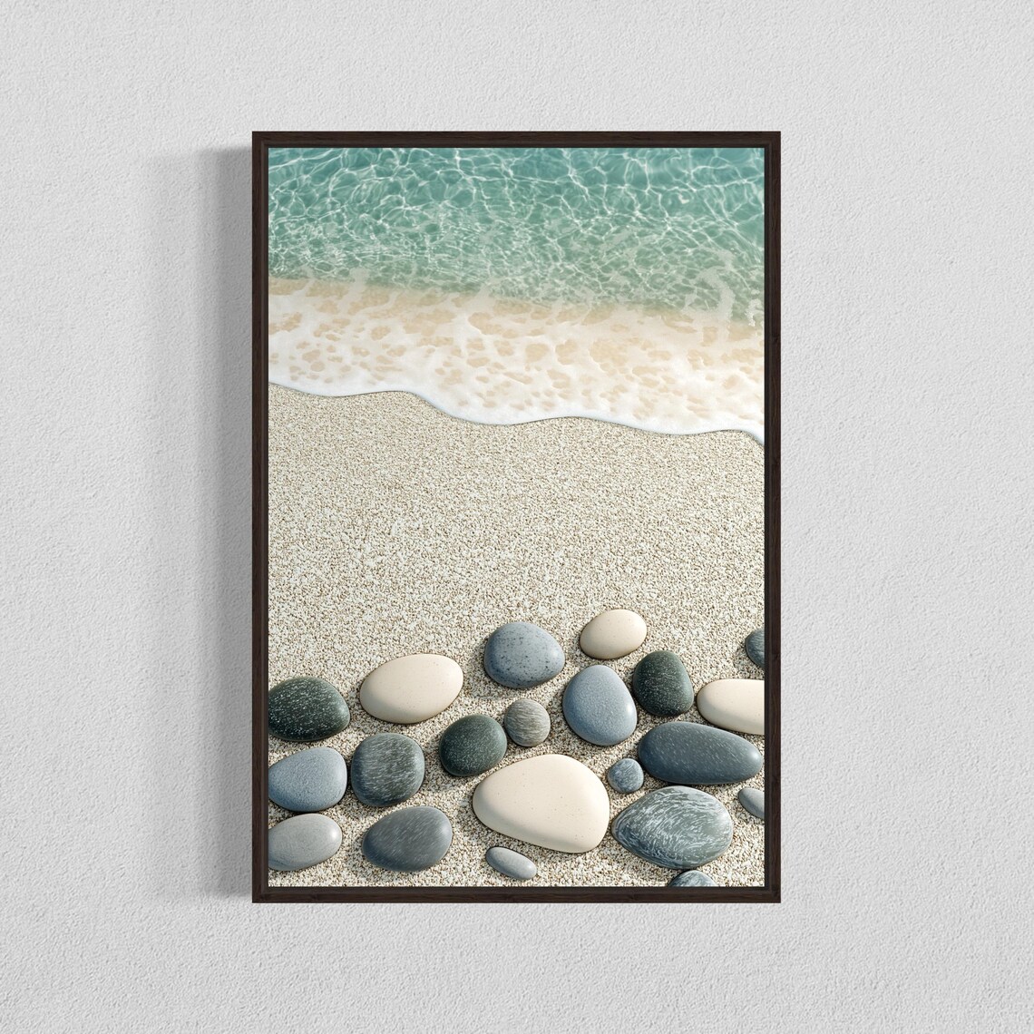 Smooth Pebbles on Sand Under Turquoise Sea Water Coastal Poster
