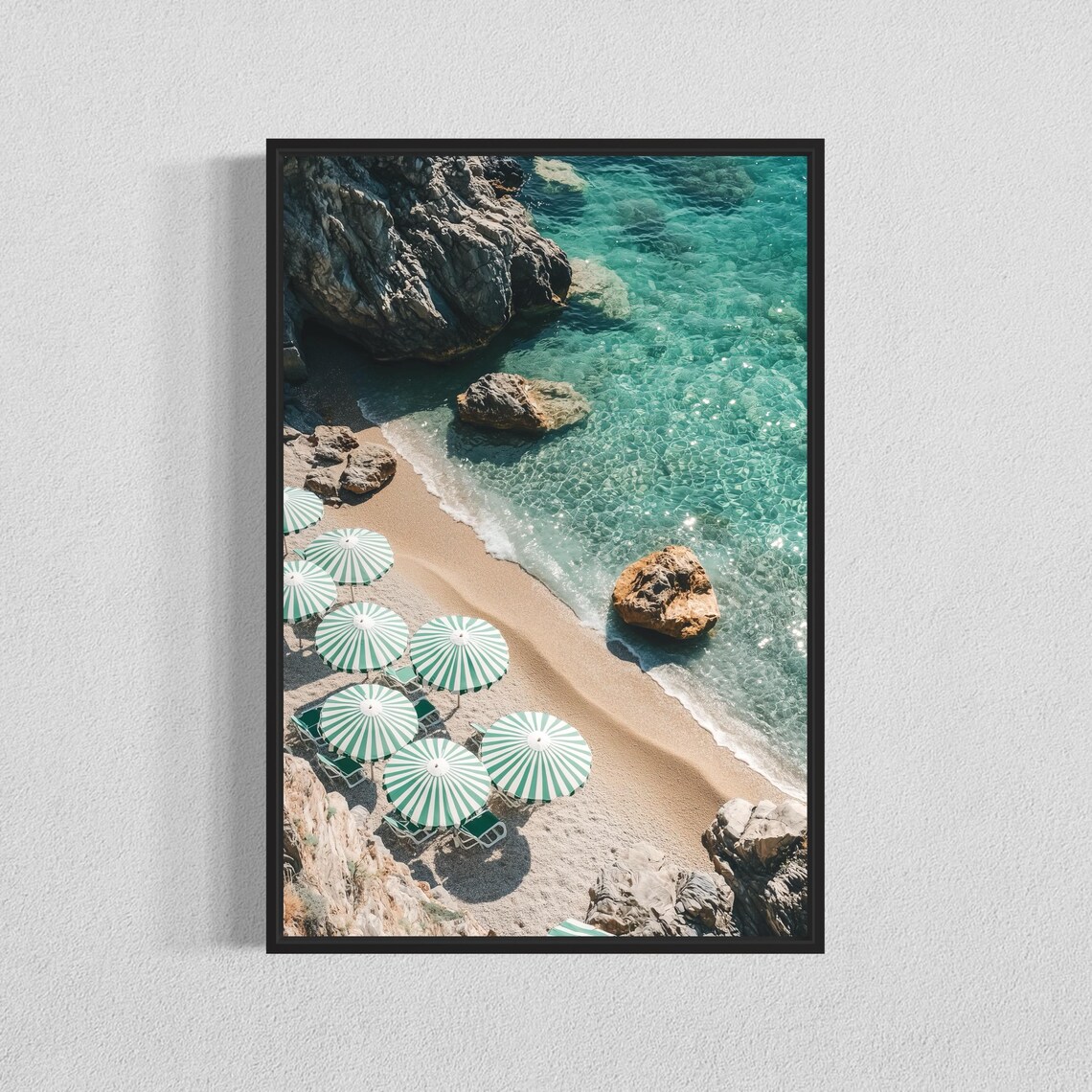 Striped Umbrellas Beach Print, Coastal Scene