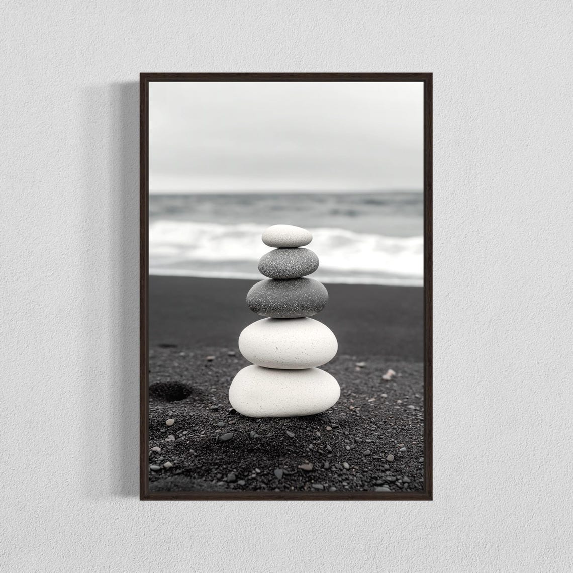Black and White Balancing Stones Black Sand Beach Zen Wall Art