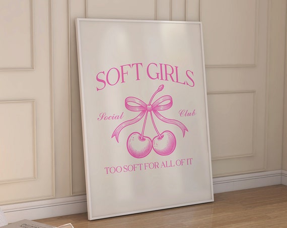 Pink Coquette Decor Soft Girls Social Club Pink Bow Cherry Prints Soft Aesthetic Girly Wall Art Preppy Print Coquette Cherry