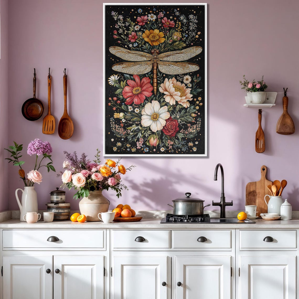 Golden Dragonfly Hovering Over a Lush Flower Bouquet on Black Poster - Image 3