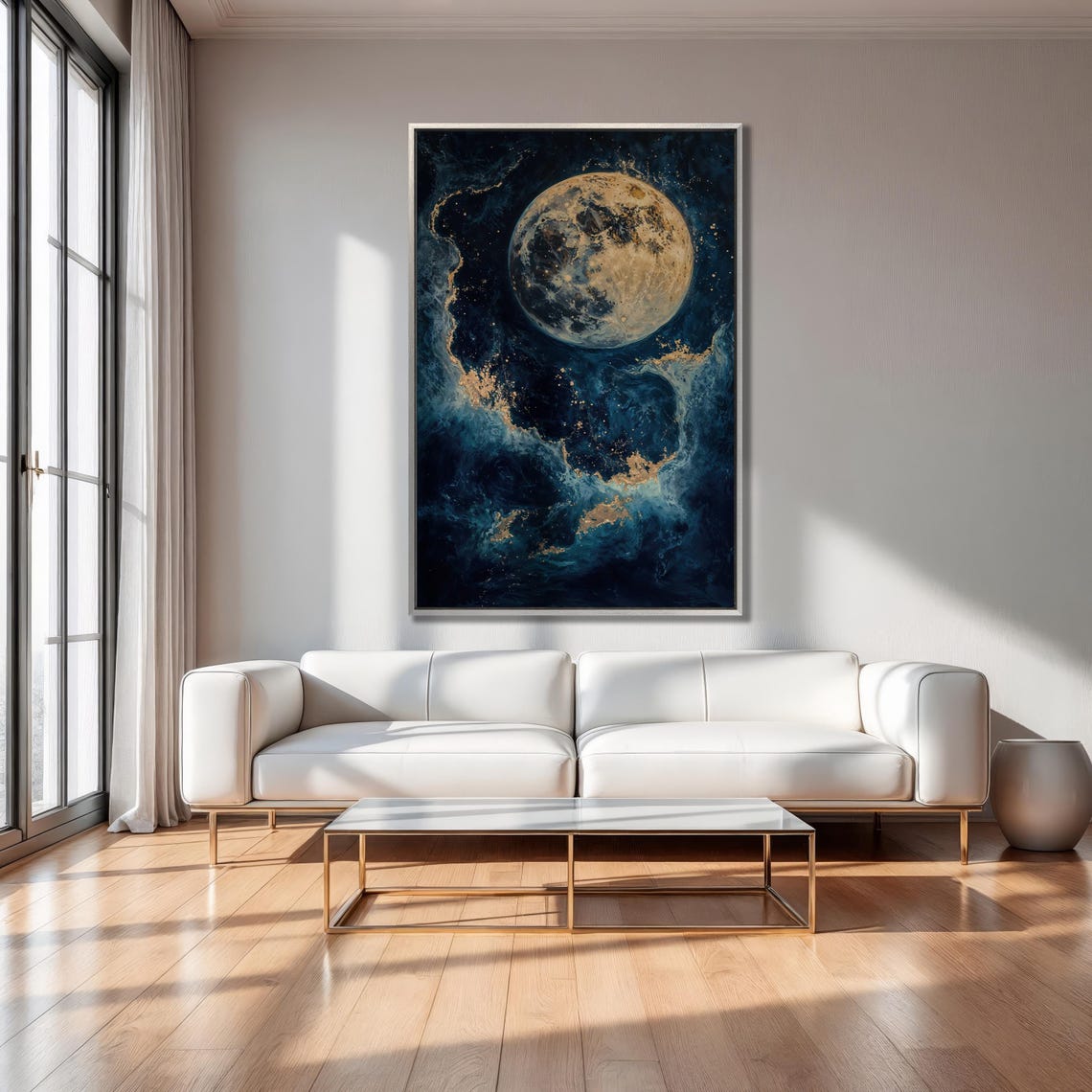 Golden Full Moon in Dark Blue Cosmic Night Sky Elegant Art Poster - Image 3