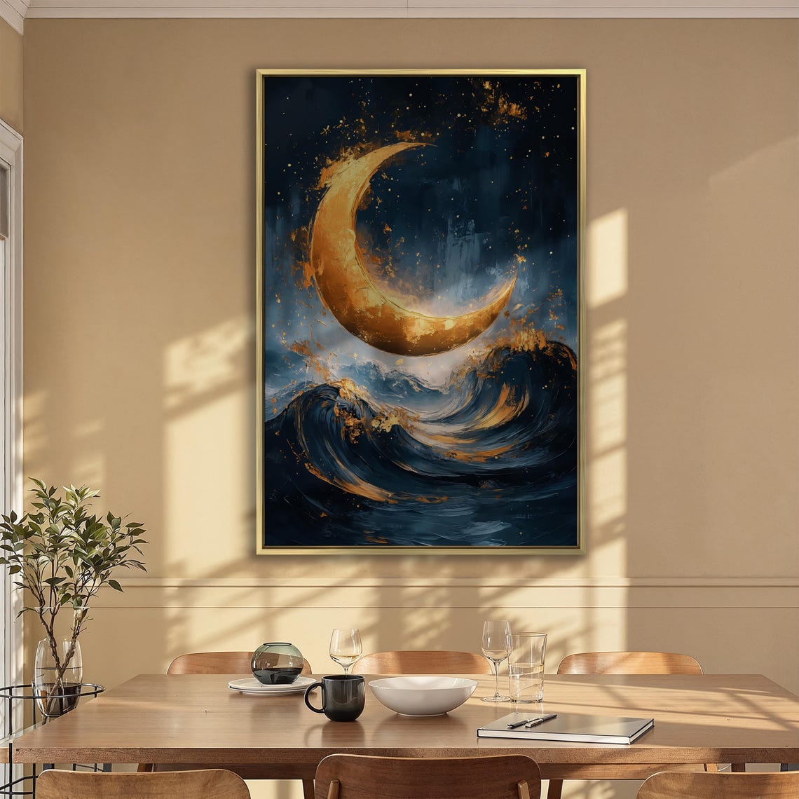 Golden Crescent Moon Glowing Over Midnight Blue Ocean Waves Poster - Image 6