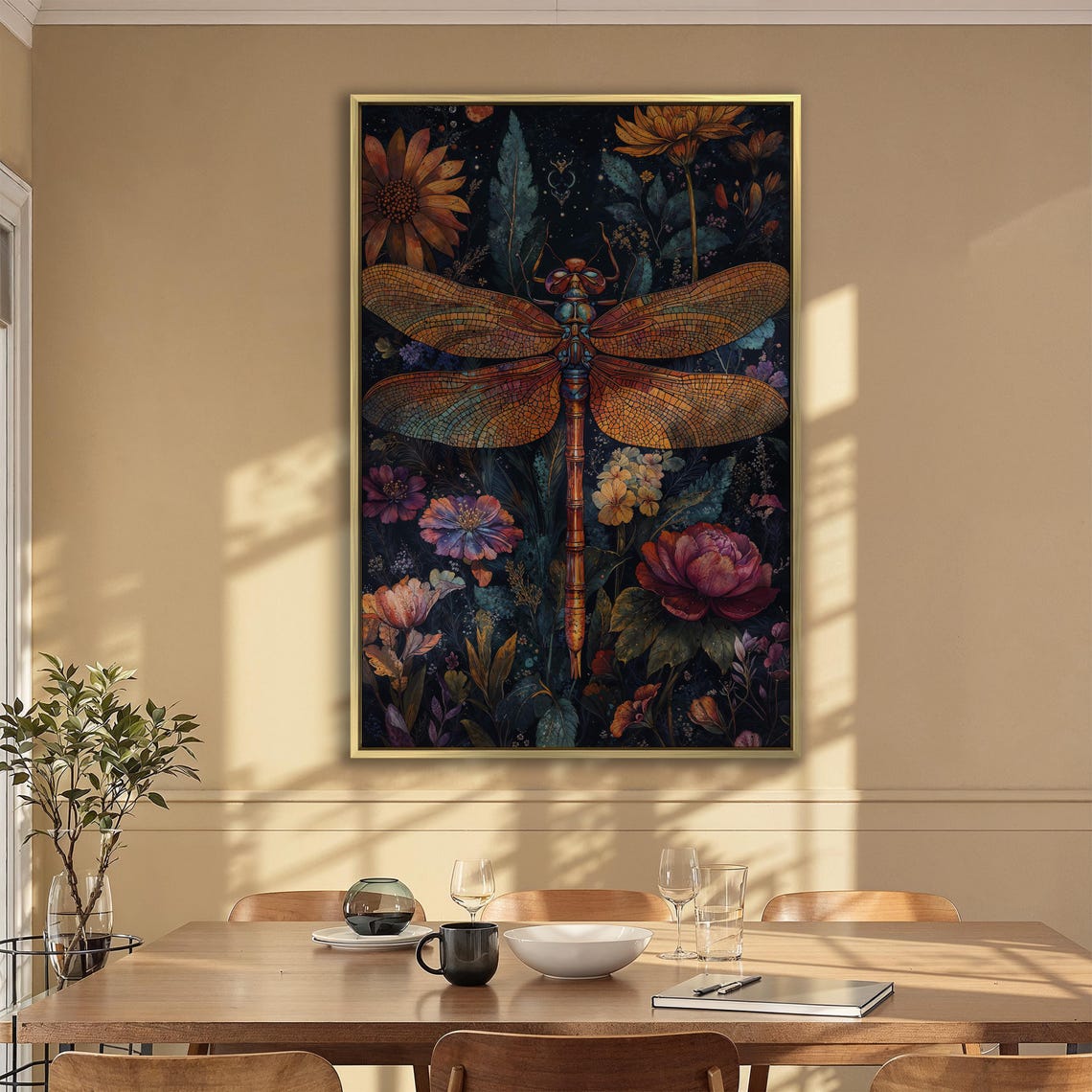 Iridescent Orange Dragonfly in a Purple Night Garden Scene Poster - Image 2