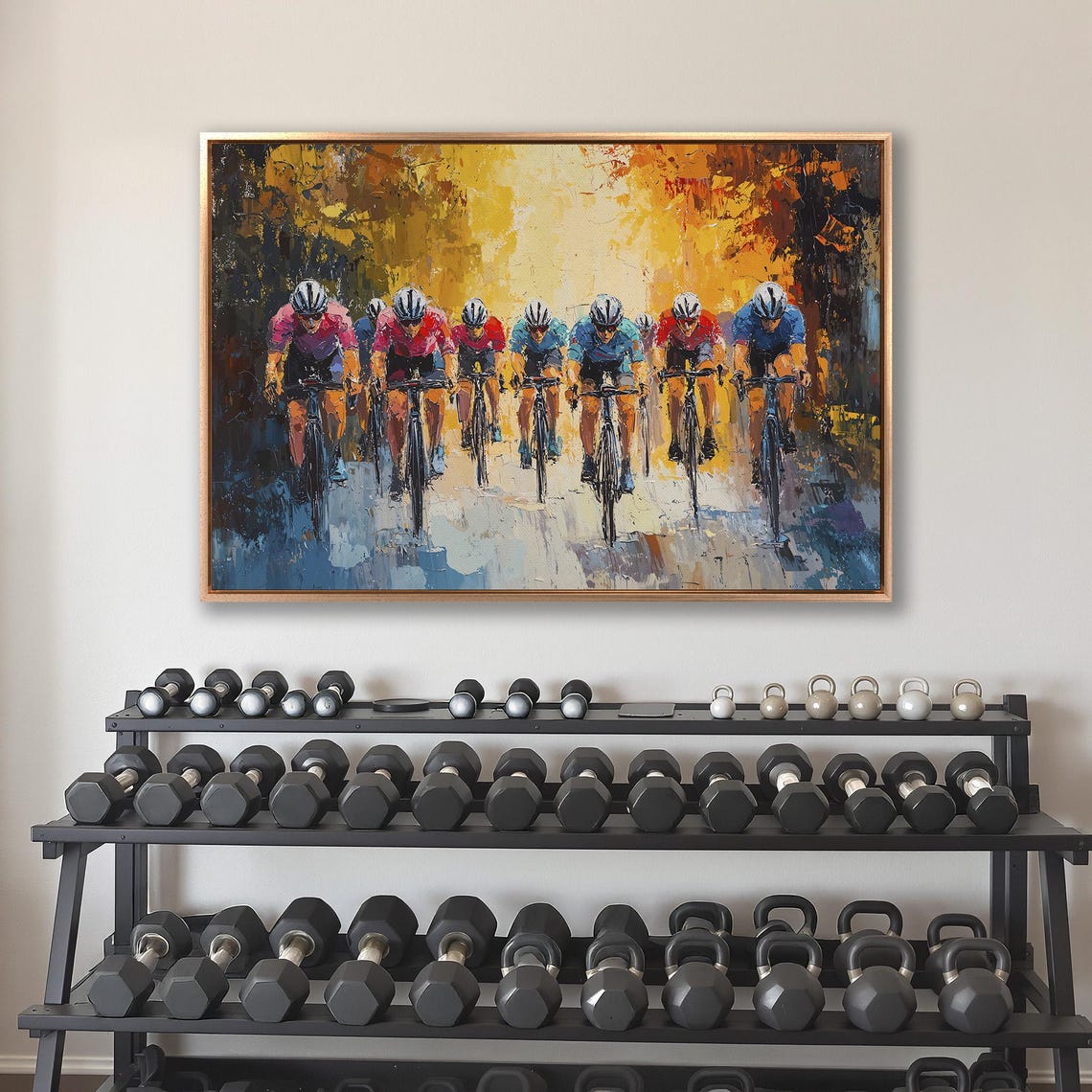 Colorful Peloton Cycling Race Painting with Golden Background Poster - Image 4