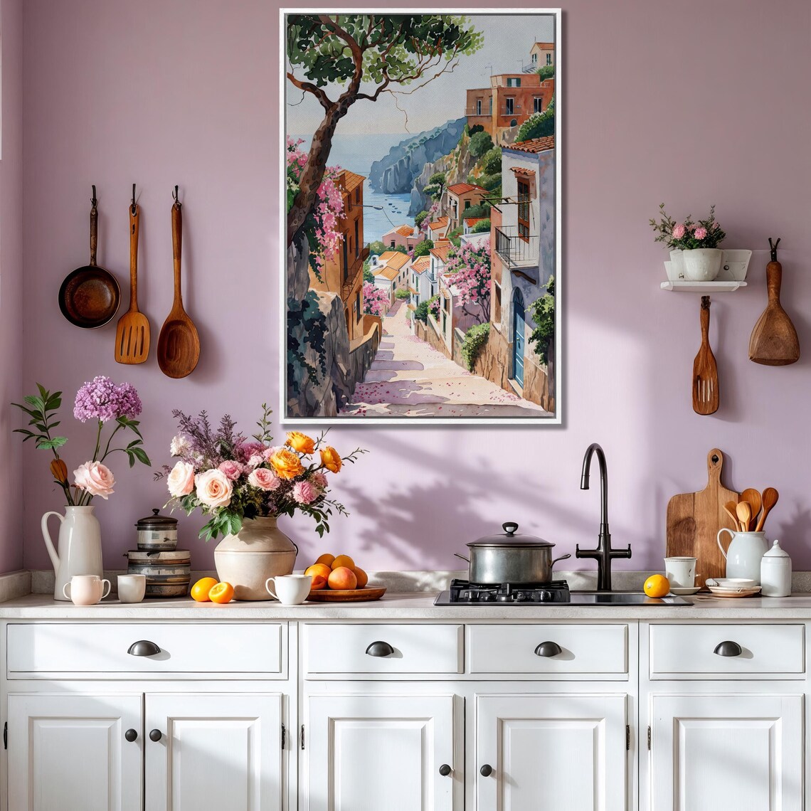 Amalfi Coast Village Street Pink Bougainvillea Watercolor Poster - Image 2