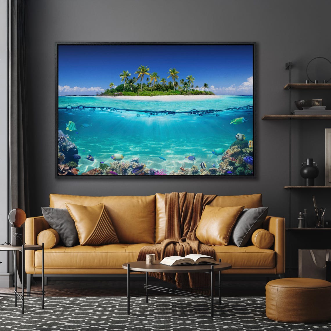 Tropical Island And Coral Reef Bedroom Wall Decor Split View With Waterline Beach Large Wall Art Palm Tree Tropical Beach - Image 5