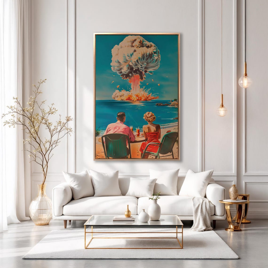 Surreal Retro Couple Watching Beach Mushroom Cloud Art Poster - Image 3