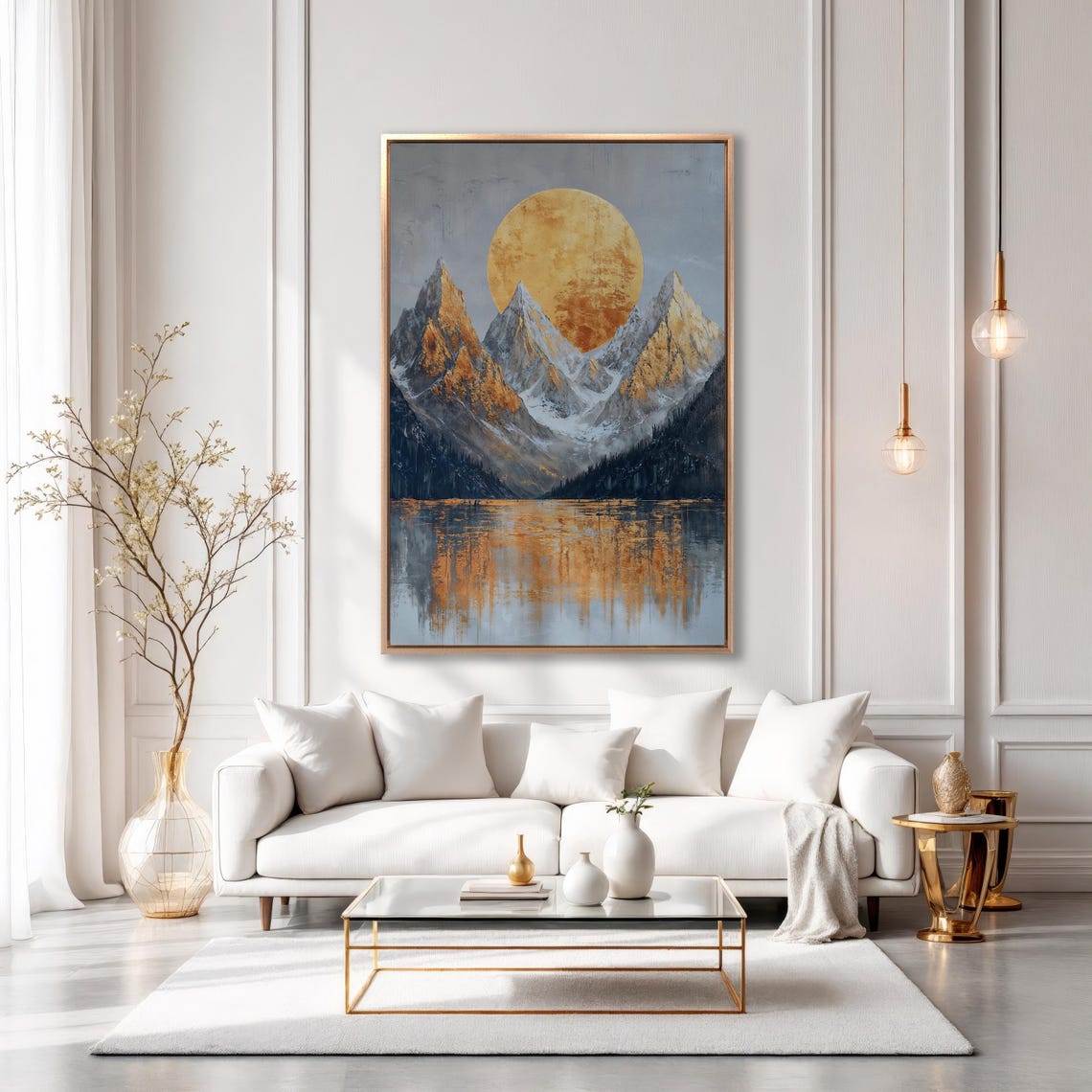 Golden Sunrise Behind Three Peaks Mountain Lake Reflection Poster - Image 6
