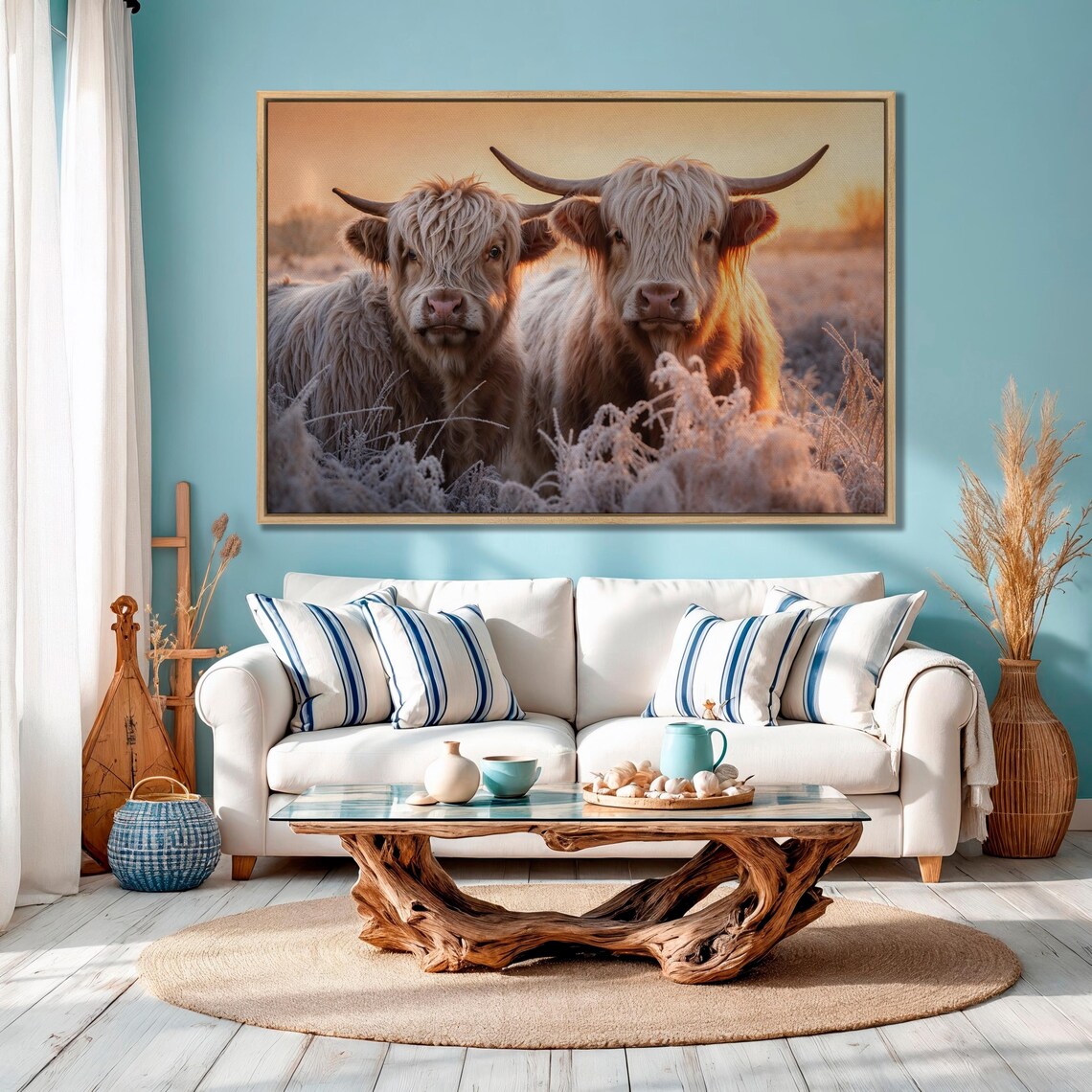 Pair Of White Highland Cows In Frosty Field At Golden Sunset Poster - Image 3