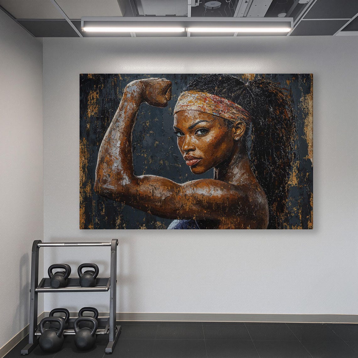 Strong Woman Flexing Bicep with Patterned Headband Dark Art Poster - Image 6