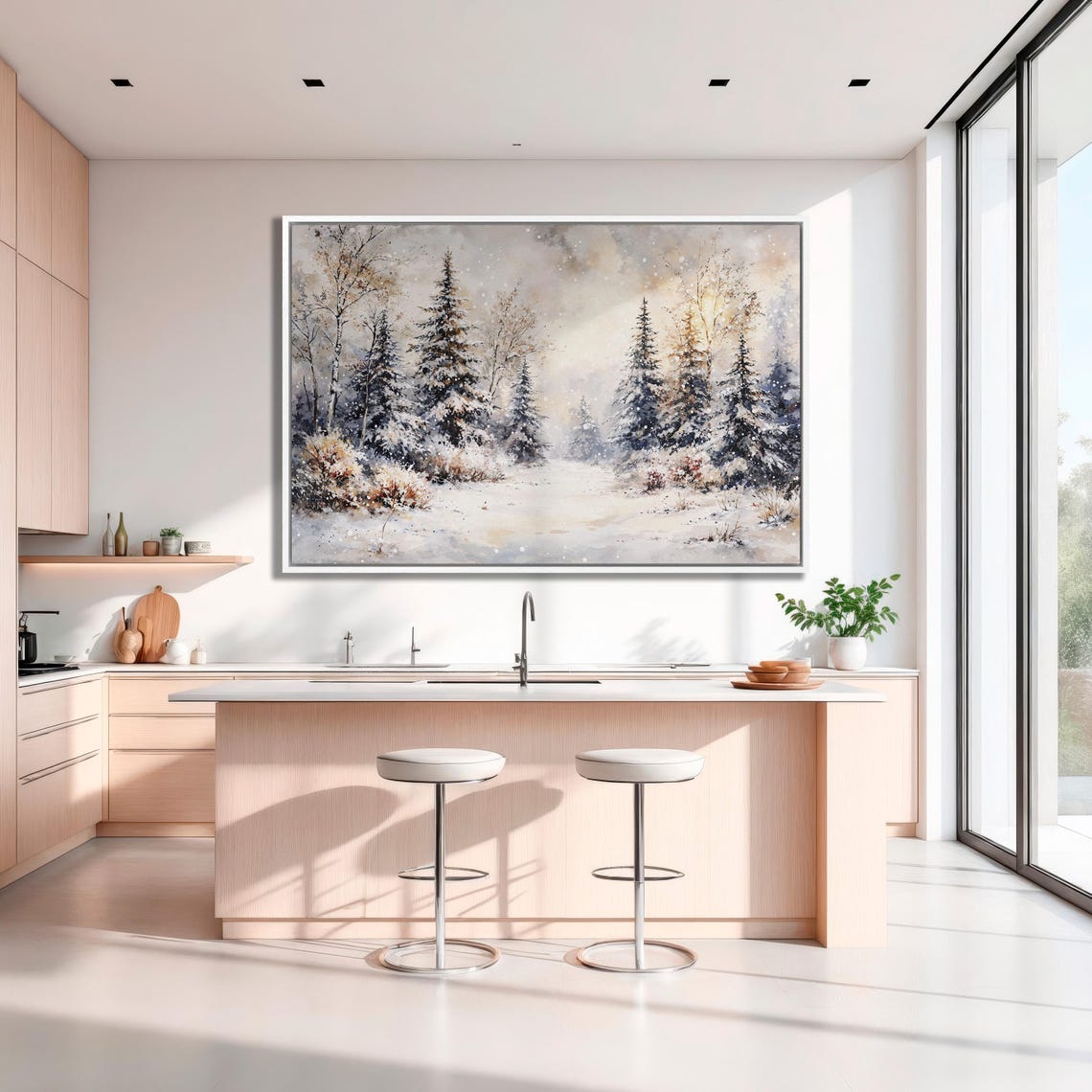 Sunlit Winter Forest With Birch Trees And Falling Snow Poster - Image 3