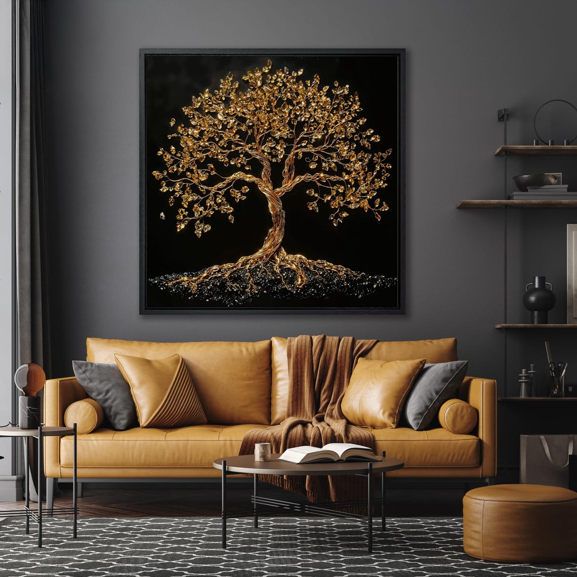 Gold Wire Tree Of Life With Roots On Black Background Poster - Image 5
