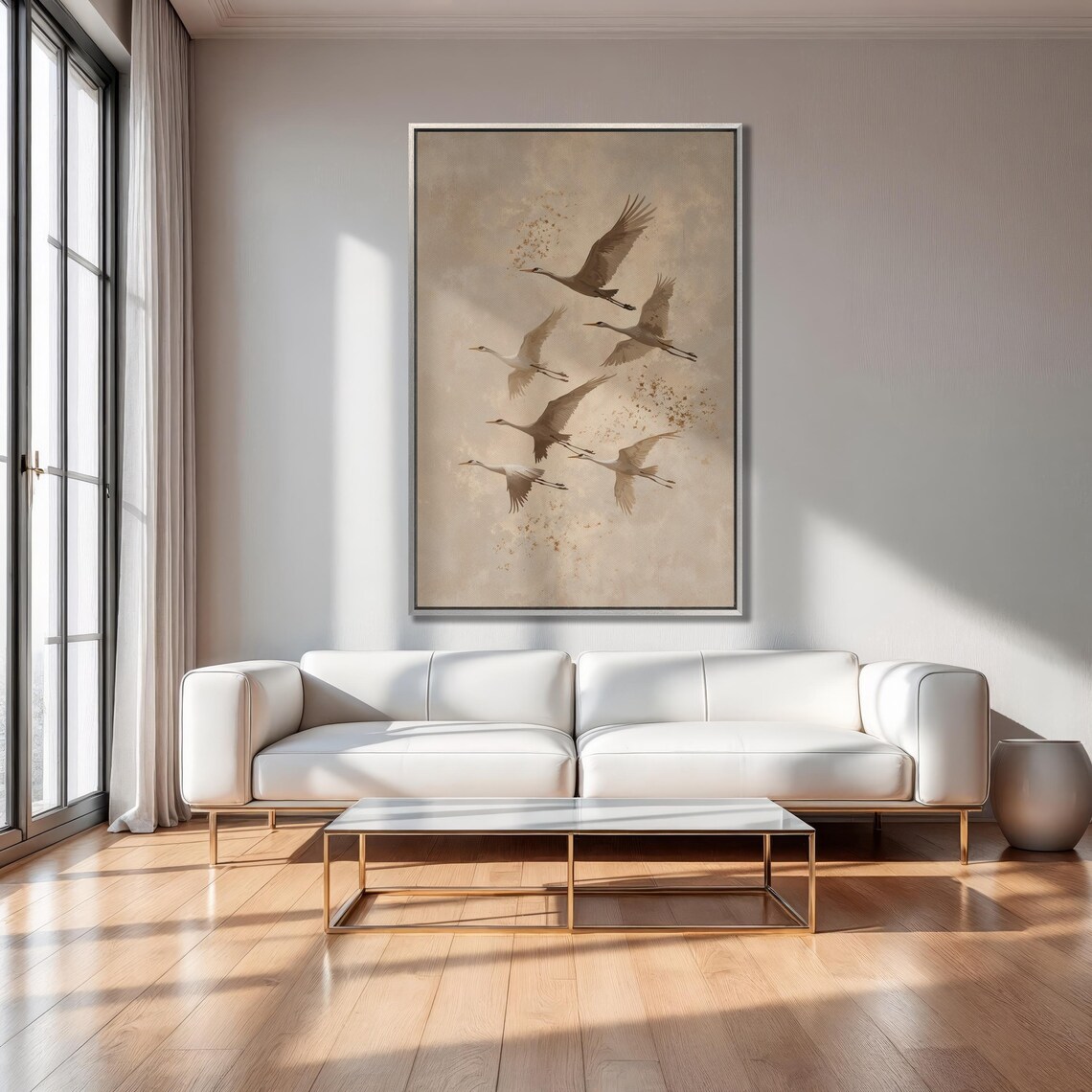Six Cranes in Flight Sepia Tones Minimalist Bird Elegant Art Poster - Image 2