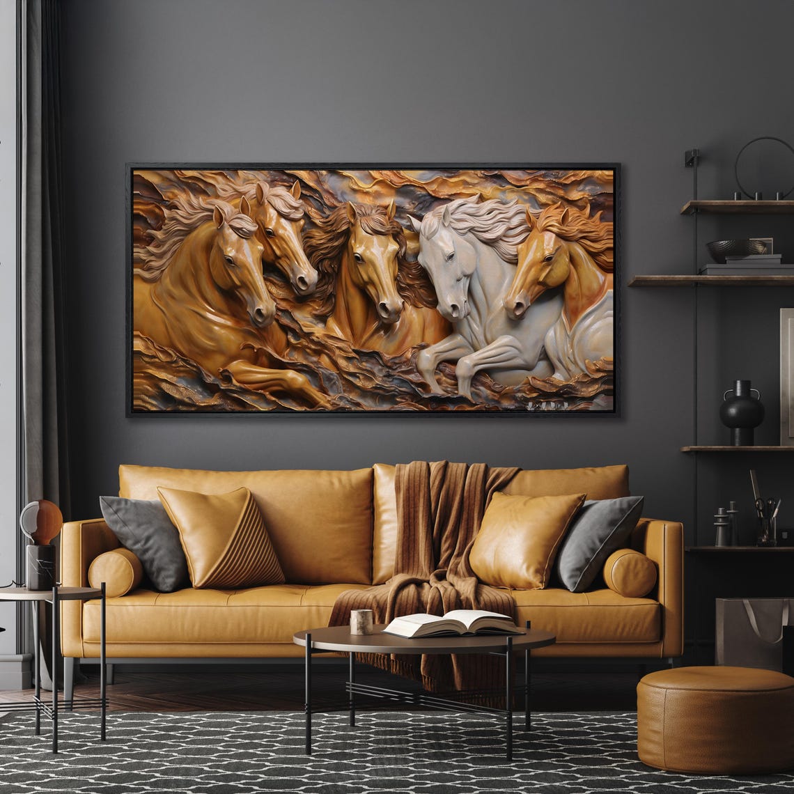 Five Running Horses 3D Sculpted Golden Relief Equestrian Wall Art - Image 3