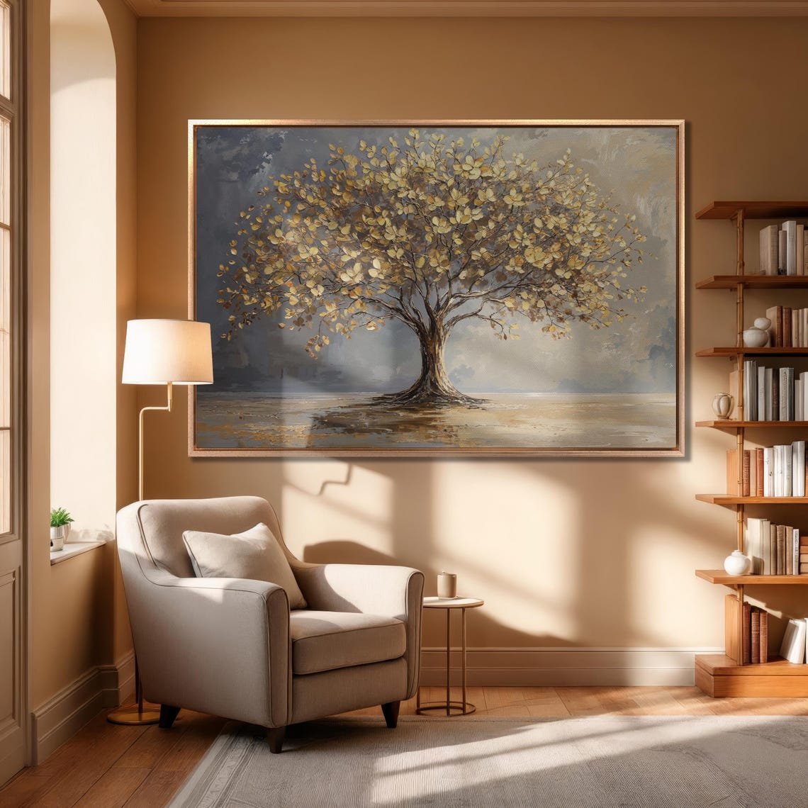 Golden Leaf Tree Standing Alone On Misty Gray Abstract Wall Art - Image 3