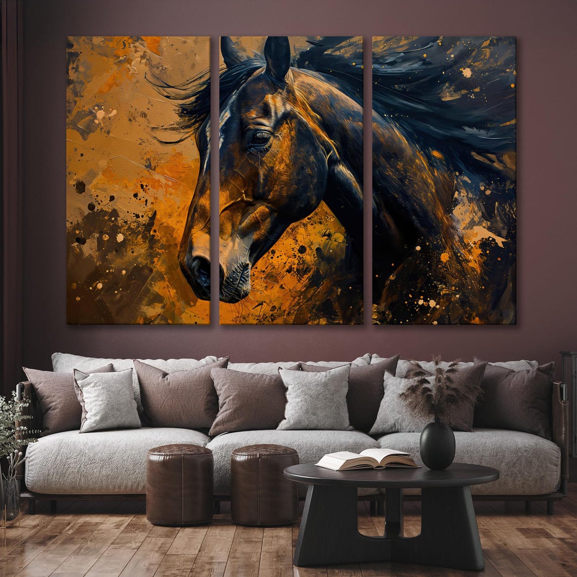 Dark Brown Horse Portrait Amber Paint Splash Rustic Wall Art - Image 6
