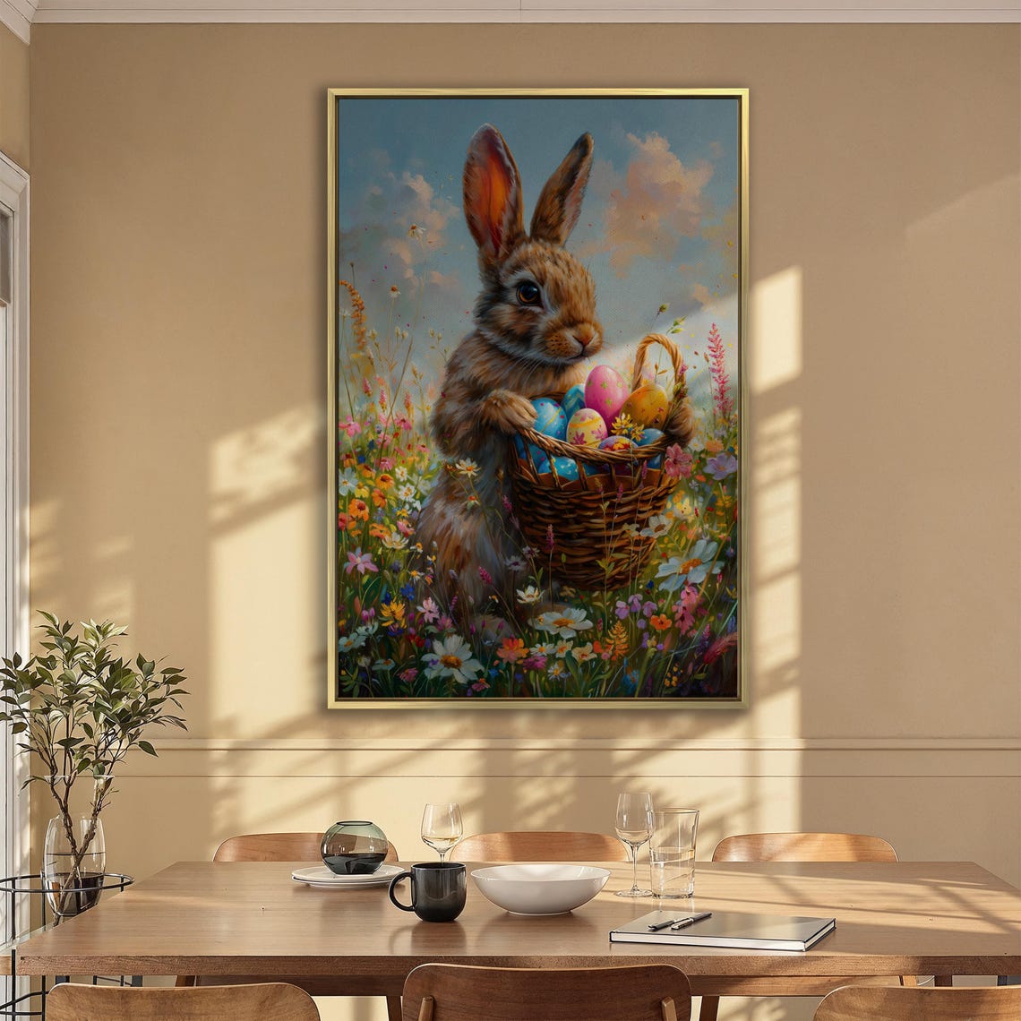 Bunny Holding Easter Egg Basket In Spring Meadow Painting Poster - Image 2